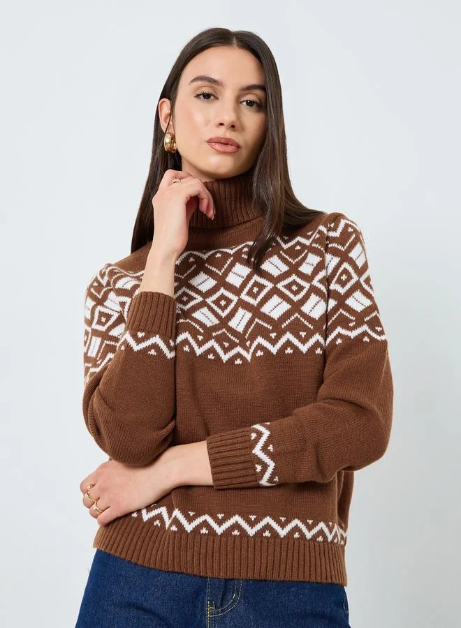 Take Two Take Two Brown Fair Isle Turtle Neck Sweater