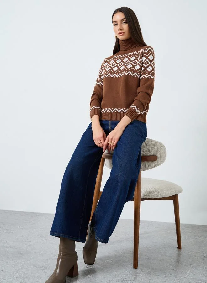 Take Two Take Two Brown Fair Isle Turtle Neck Sweater
