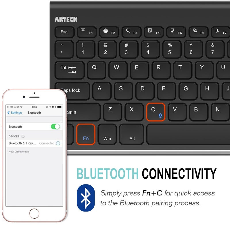 Arteck Bluetooth Keyboard, Stainless Steel Universal Portable Wireless Bluetooth Keyboard for iOS iPad 10.2-inch, Air, Pro, Mini, Android, Windows Tablets PC Smartphone Built in Rechargeable Battery - Image 5