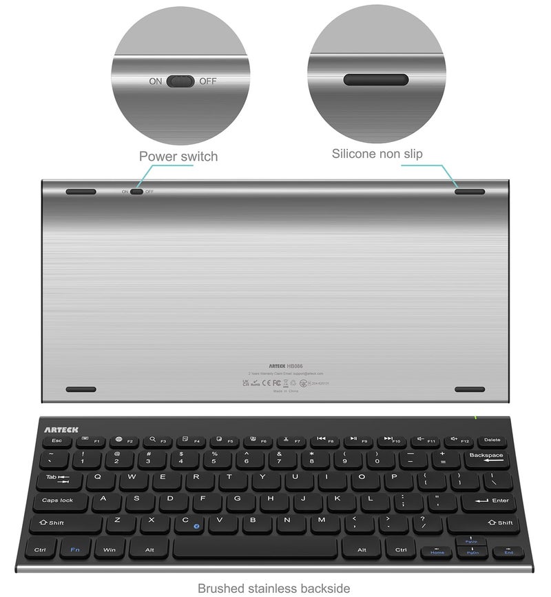 Arteck Bluetooth Keyboard, Stainless Steel Universal Portable Wireless Bluetooth Keyboard for iOS iPad 10.2-inch, Air, Pro, Mini, Android, Windows Tablets PC Smartphone Built in Rechargeable Battery - Image 2