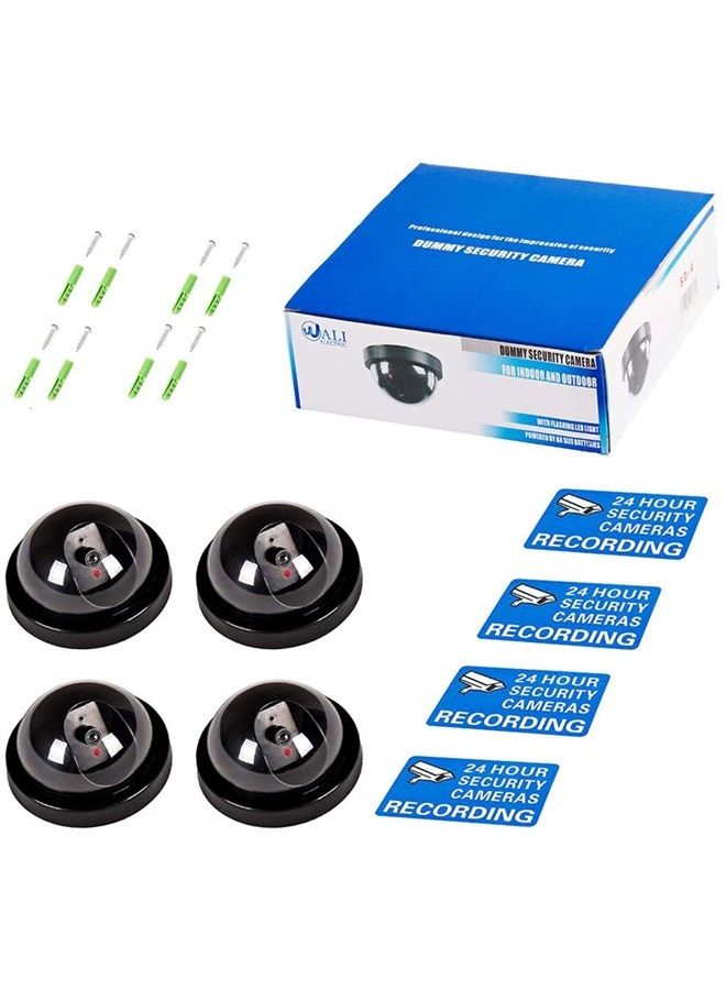 Dummy Fake Security CCTV Dome Camera with Flashing Red LED Light with Security Alert Sticker Decals (SD-4), 4 Packs, Black