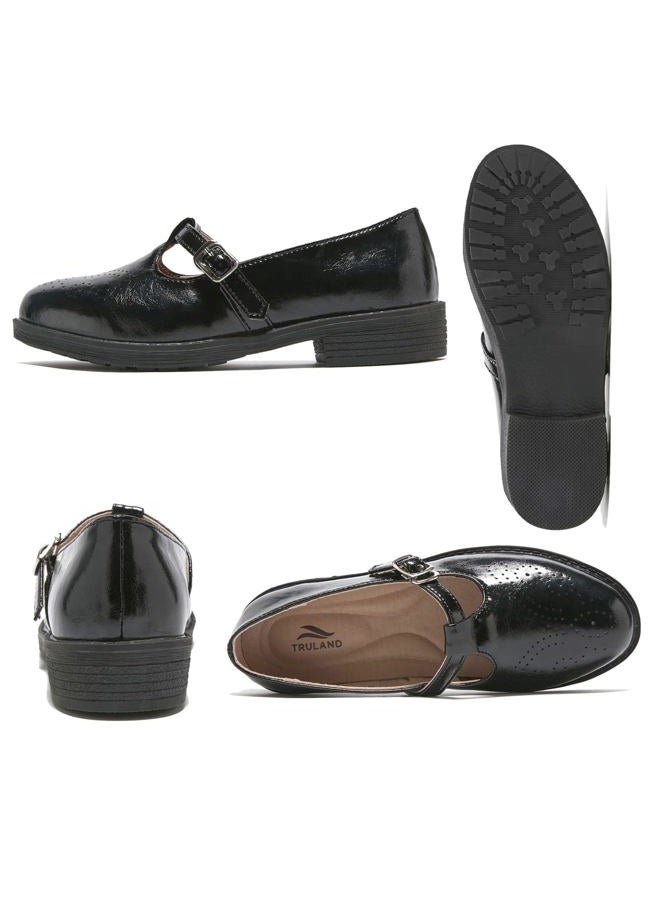 TRULAND Women's Leather Mary Jane Oxfords Shoes - Slip On T-Strap Loafers Casual Closed Toe Dressy Flats Shoes for Office Work (9.5,All Black) - Image 2