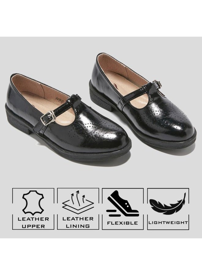 TRULAND Women's Leather Mary Jane Oxfords Shoes - Slip On T-Strap Loafers Casual Closed Toe Dressy Flats Shoes for Office Work (9.5,All Black) - Image 3