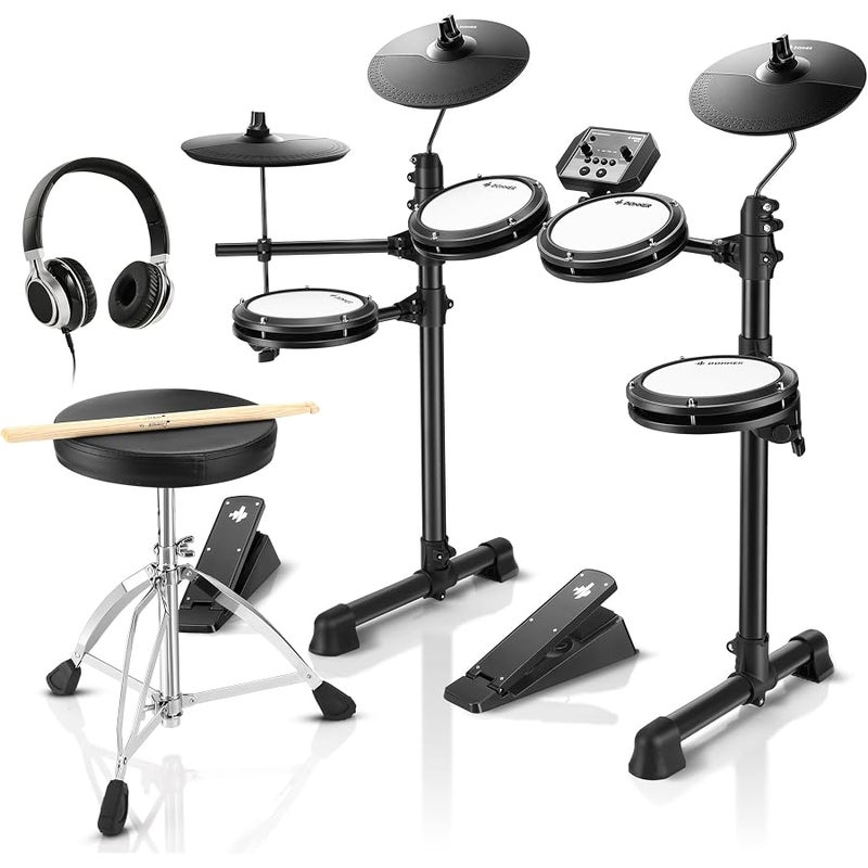 Donner DED-80 Electric Drum Kit, Electronic Drum Sets for Beginner with 4 Quiet Mesh Drum Pads, 2 Switch Pedal, 180+ Sounds, Throne, On-Ear Headphones, Sticks, and Melodics Lessons Included Black - Image 1
