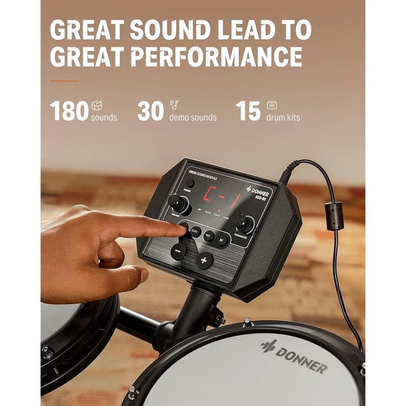Donner DED-80 Electric Drum Kit, Electronic Drum Sets for Beginner with 4 Quiet Mesh Drum Pads, 2 Switch Pedal, 180+ Sounds, Throne, On-Ear Headphones, Sticks, and Melodics Lessons Included Black - Image 5