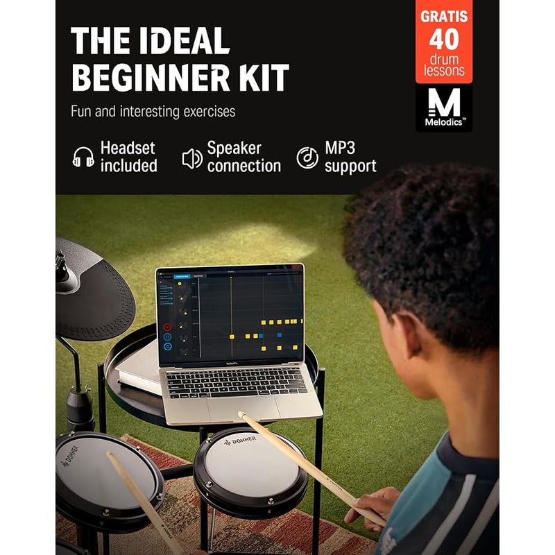 Donner DED-80 Electric Drum Kit, Electronic Drum Sets for Beginner with 4 Quiet Mesh Drum Pads, 2 Switch Pedal, 180+ Sounds, Throne, On-Ear Headphones, Sticks, and Melodics Lessons Included Black - Image 2