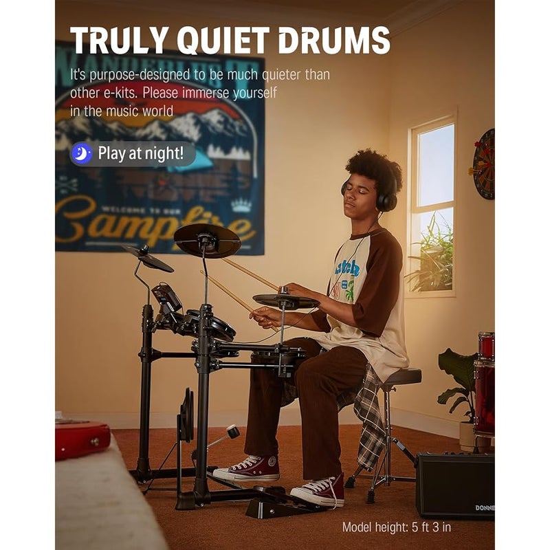 Donner DED-80 Electric Drum Kit, Electronic Drum Sets for Beginner with 4 Quiet Mesh Drum Pads, 2 Switch Pedal, 180+ Sounds, Throne, On-Ear Headphones, Sticks, and Melodics Lessons Included Black - Image 3