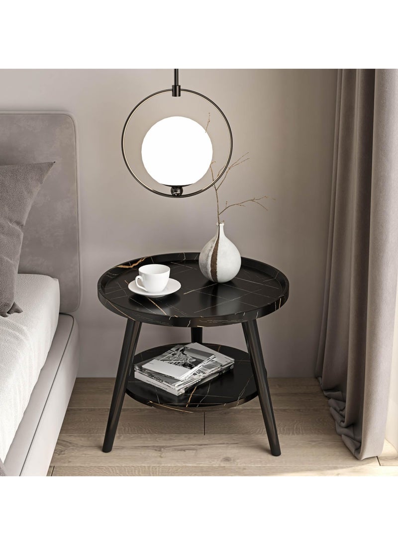 XiuWoo - Small Round Side Table, 2-Tier Round End Table/Bedside Table,Storage Table, Mid Century Modern Coffee Table with Metal Frames for Living Room Side Table, Easy Assembly - Image 1