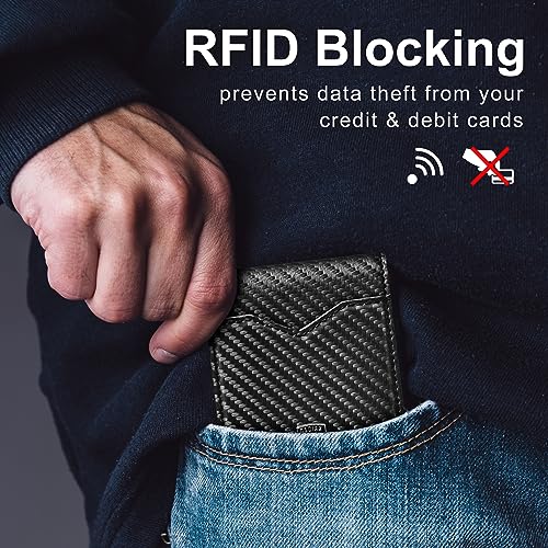 GSOIAX محفظة جوسياكس رفيعة للرجال مع تقنية حجب RFID جلد مزدوج الجوانب جيب أمامي حامل بطاقات ائتمان من ألياف الكربون مع علبة هدايا (أسود كربوني وبرتقالي) - Image 3