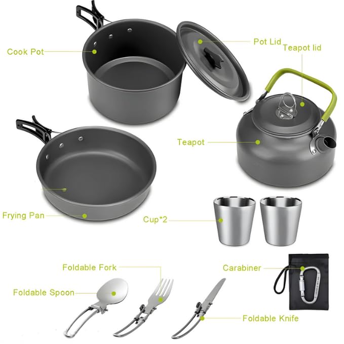DPCR 12-Piece Camping Cookware Mess Kit with Tea Pot, Lightweight Nonstick Pot & Pan Set with Spork, Bowls, Knife & Travel Bag – Compact Outdoor Cooking Gear for Backpacking, Hiking, Scouts - Image 4