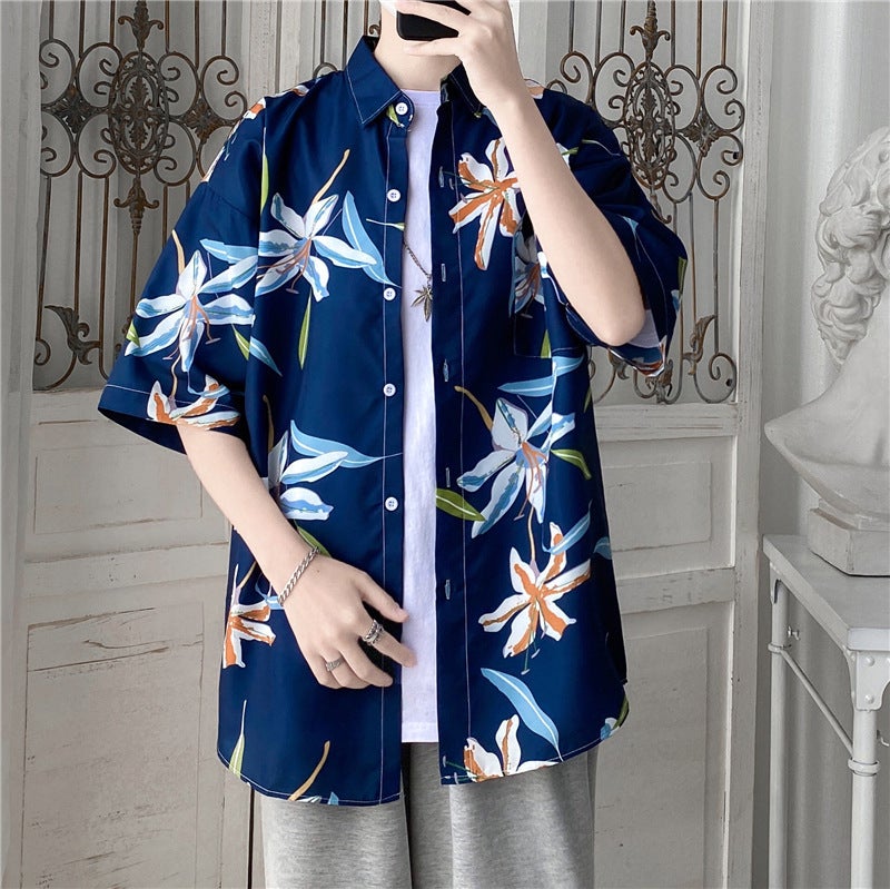 Japanese Style Beach Style Thin Vintage Floral Shirt Short-sleeved Floral Shirt Mens Loose Fashionable Couples All-match Half-sleeve Shirt Black 1175 - Image 5