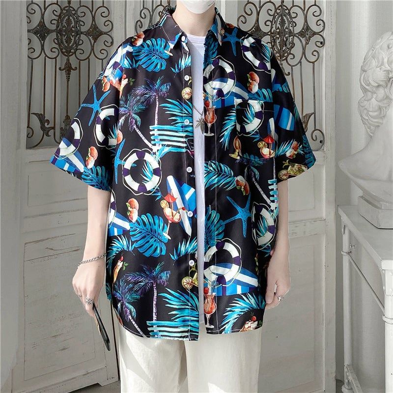 Japanese Style Beach Style Thin Vintage Floral Shirt Short-sleeved Floral Shirt Mens Loose Fashionable Couples All-match Half-sleeve Shirt Black 1175 - Image 1