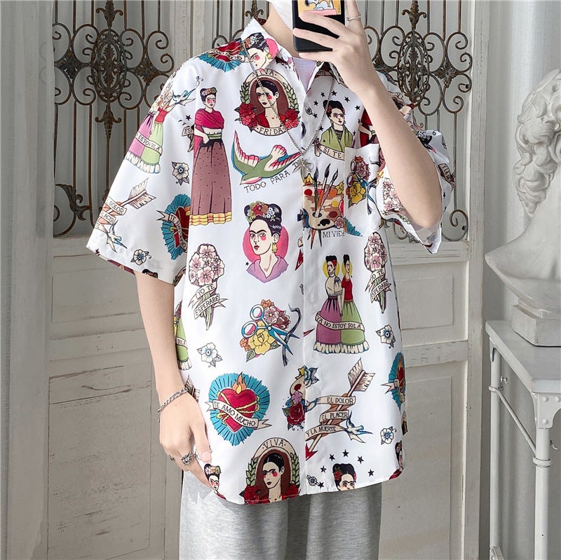 Japanese Style Beach Style Thin Vintage Floral Shirt Short-sleeved Floral Shirt Mens Loose Fashionable Couples All-match Half-sleeve Shirt Black 1175 - Image 4