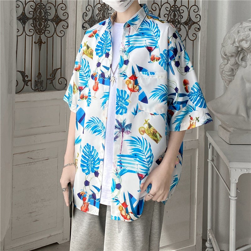 Japanese Style Beach Style Thin Vintage Floral Shirt Short-sleeved Floral Shirt Mens Loose Fashionable Couples All-match Half-sleeve Shirt Black 1175 - Image 2