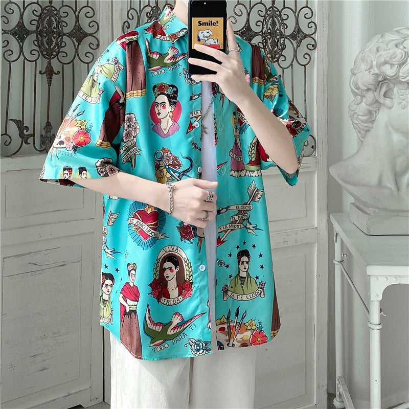 Japanese Style Beach Style Thin Vintage Floral Shirt Short-sleeved Floral Shirt Mens Loose Fashionable Couples All-match Half-sleeve Shirt Black 1175 - Image 3