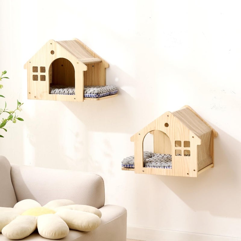 SHENGOCASE Natural Wood Cat Wall Shelves Bed, 2-Pack, Wall-Mounted Box Condo House Perch, Cat Condo Furniture with Washable Pillow Cushions - Image 1