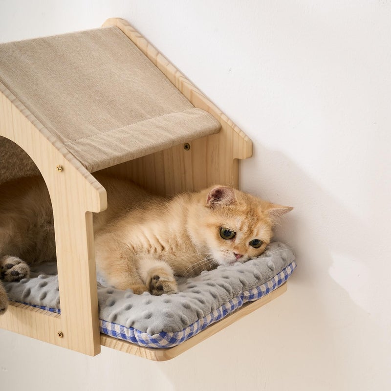 SHENGOCASE Natural Wood Cat Wall Shelves Bed, 2-Pack, Wall-Mounted Box Condo House Perch, Cat Condo Furniture with Washable Pillow Cushions - Image 4