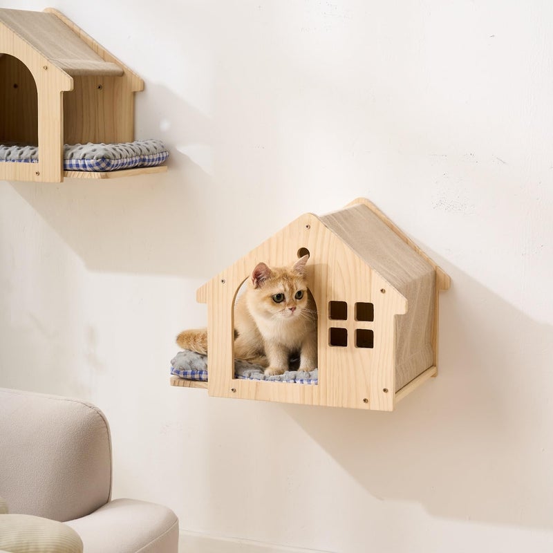 SHENGOCASE Natural Wood Cat Wall Shelves Bed, 2-Pack, Wall-Mounted Box Condo House Perch, Cat Condo Furniture with Washable Pillow Cushions - Image 3