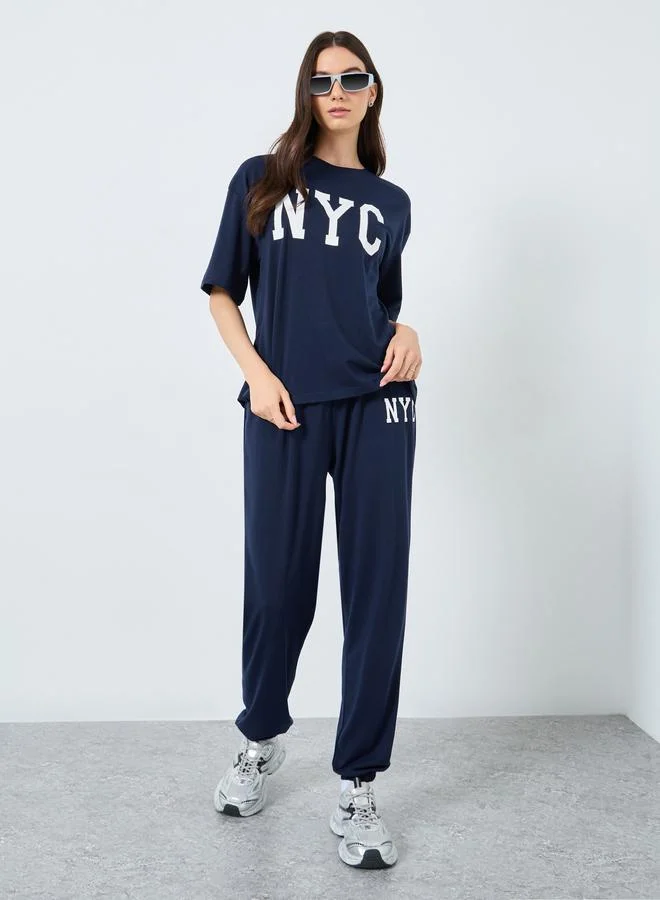 Take Two Take Two Dark Blue NYC Print T-Shirt and Joggers Co-Ords