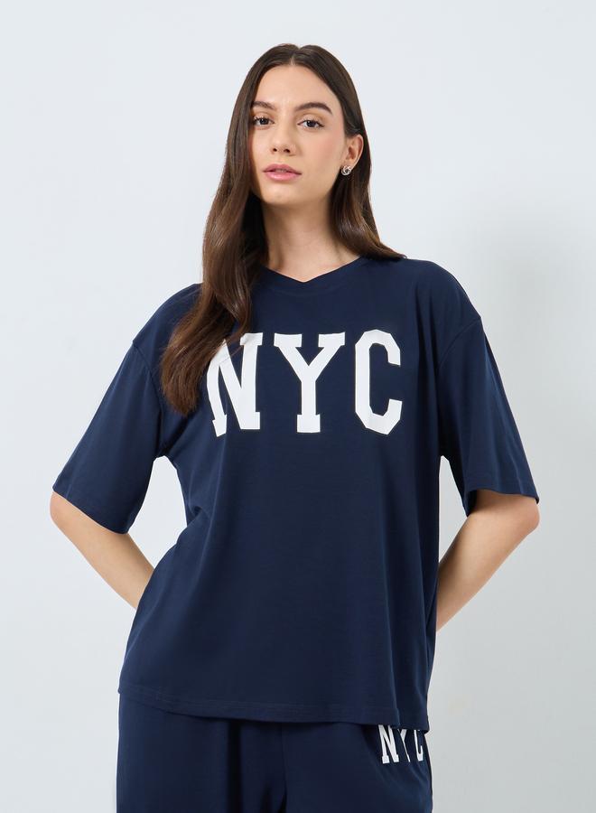 Take Two Dark Blue NYC Print T-Shirt and Joggers Co-Ords - Image 2