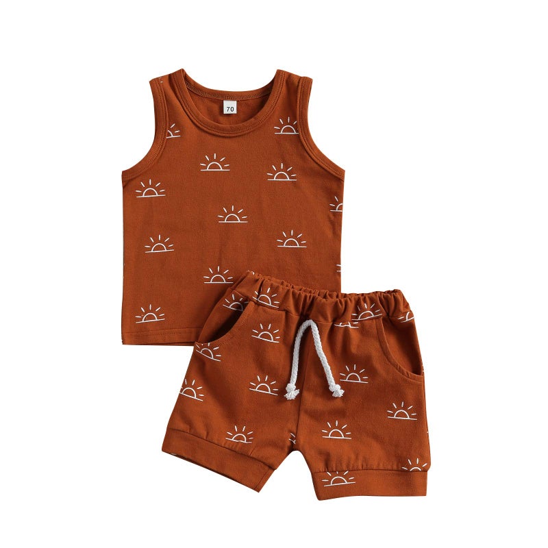 CIYCUIT 2Pcs Baby Boy Summer Clothes Boho Sunshine Printed Tank Top Shorts Set Brown 0-6 Months - Image 1