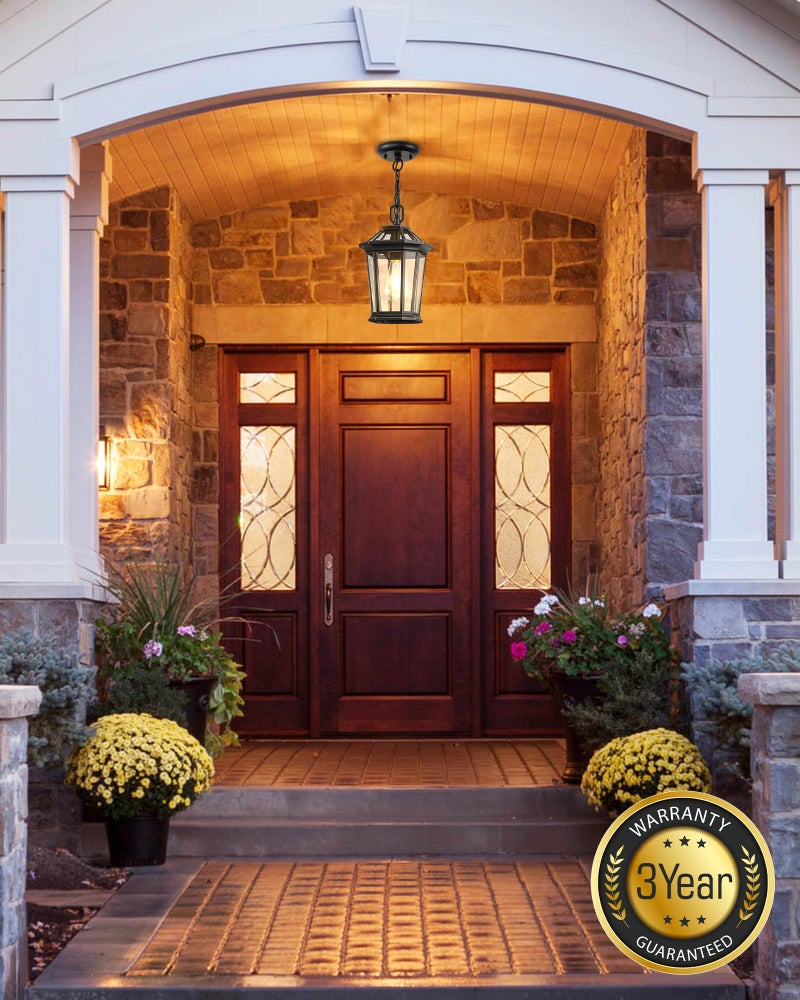 VIANIS Outdoor Pendant Light Fixtures for Porch, Exterior Ceiling Hanging Lanterns, Anti-Rust Waterproof Farmhouse Outdoor Chandelier, Black Gold Aluminum with Tempered Glass for Entryway, 1 Pack - Image 4