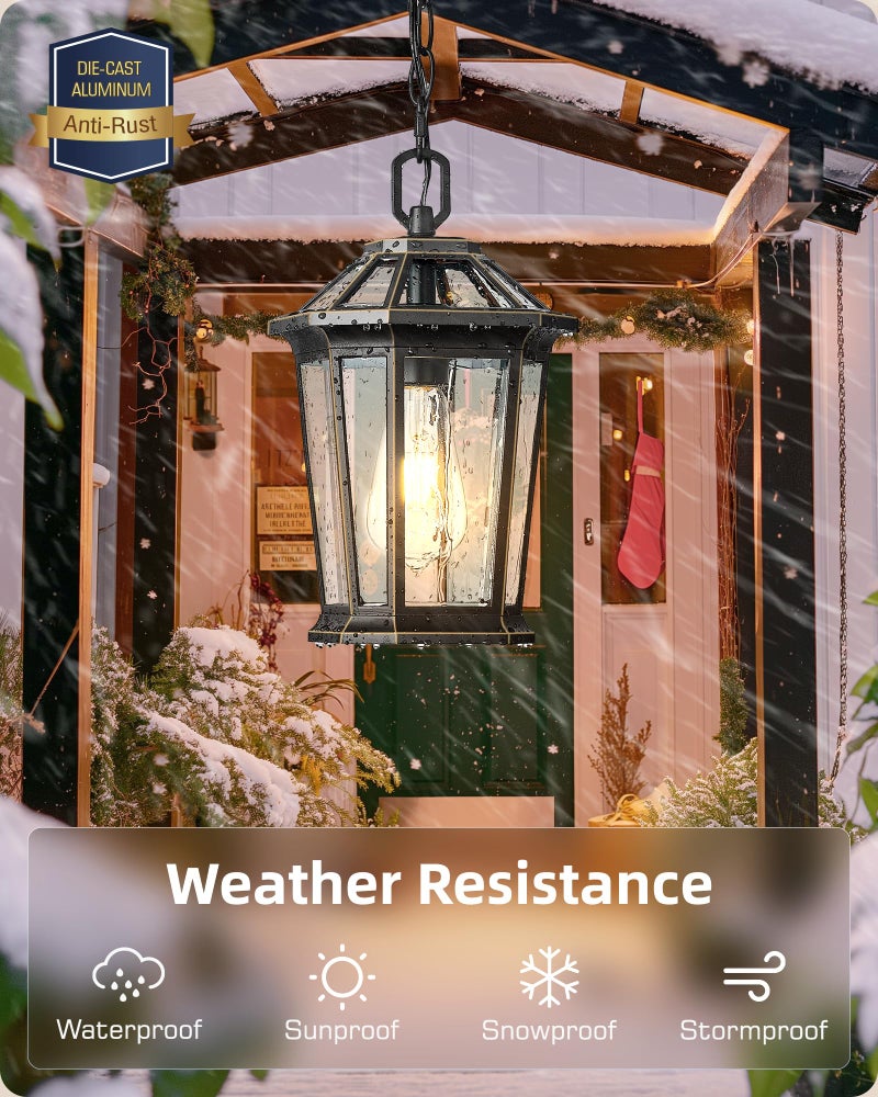 VIANIS Outdoor Pendant Light Fixtures for Porch, Exterior Ceiling Hanging Lanterns, Anti-Rust Waterproof Farmhouse Outdoor Chandelier, Black Gold Aluminum with Tempered Glass for Entryway, 1 Pack - Image 2