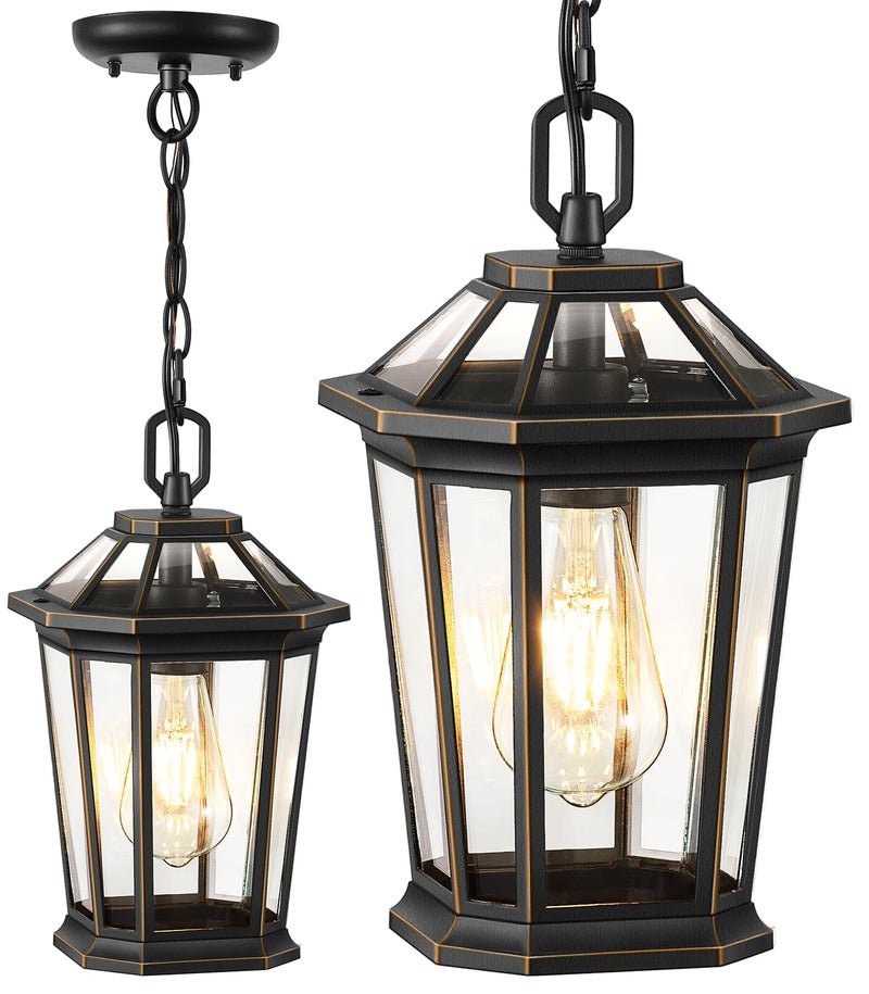VIANIS Outdoor Pendant Light Fixtures for Porch, Exterior Ceiling Hanging Lanterns, Anti-Rust Waterproof Farmhouse Outdoor Chandelier, Black Gold Aluminum with Tempered Glass for Entryway, 1 Pack - Image 1