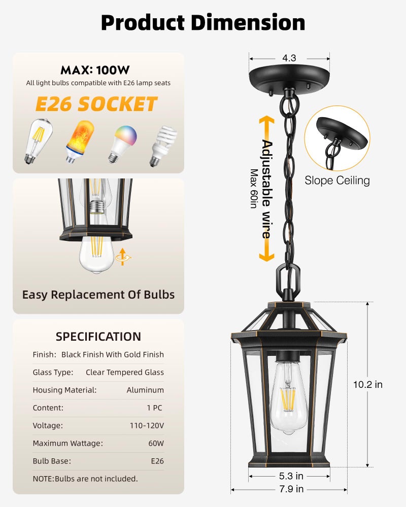 VIANIS Outdoor Pendant Light Fixtures for Porch, Exterior Ceiling Hanging Lanterns, Anti-Rust Waterproof Farmhouse Outdoor Chandelier, Black Gold Aluminum with Tempered Glass for Entryway, 1 Pack - Image 5