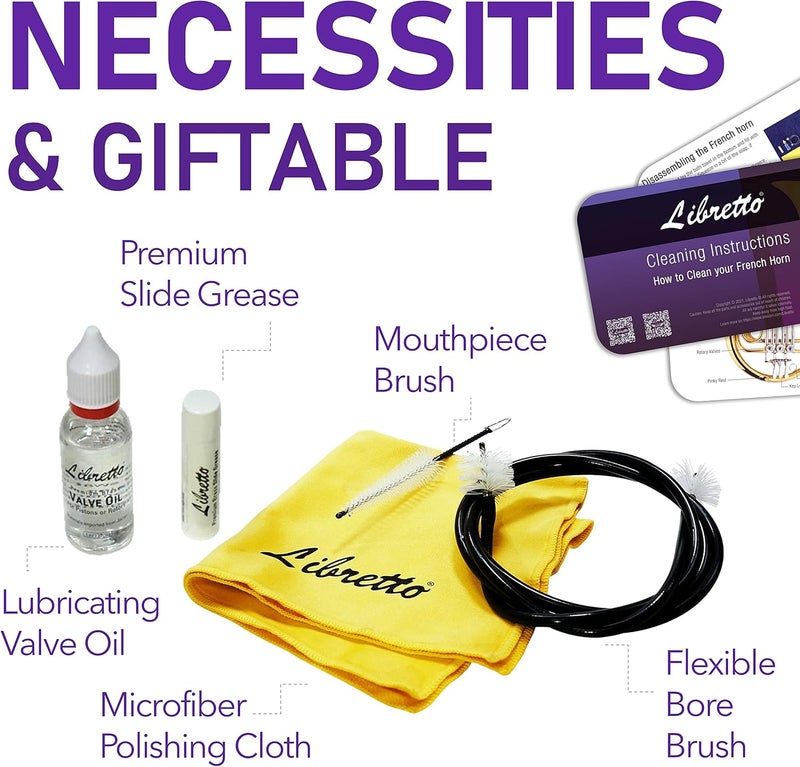 Libretto French Horn ALL-INCLUSIVE Cleaning & Care Kit with Instructions: Valve Oil + Slide Grease + Cleaning Cloth + Mouthpiece & Bore Brushes, Giftable Handy Case. Clean & Extend Life of your Horn Modern practical shape - Image 2