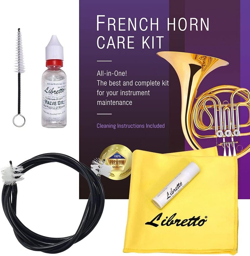 Libretto French Horn ALL-INCLUSIVE Cleaning & Care Kit with Instructions: Valve Oil + Slide Grease + Cleaning Cloth + Mouthpiece & Bore Brushes, Giftable Handy Case. Clean & Extend Life of your Horn Modern practical shape - Image 1