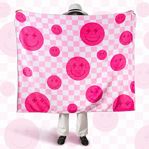 Frienda Preppy Throw Blanket Smile Face Cute Flannel Soft Plush Fuzzy Blanket Preppy Bedding Stuff for Dormitory Living Room 50" x 60"(Checkered Smile Face) - Image 2