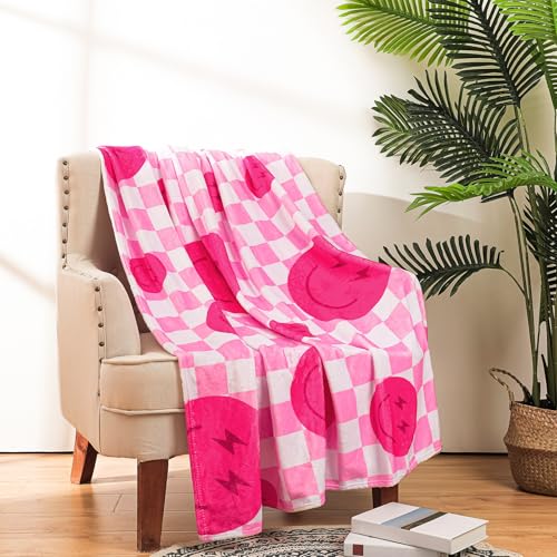 Frienda Preppy Throw Blanket Smile Face Cute Flannel Soft Plush Fuzzy Blanket Preppy Bedding Stuff for Dormitory Living Room 50" x 60"(Checkered Smile Face) - Image 1