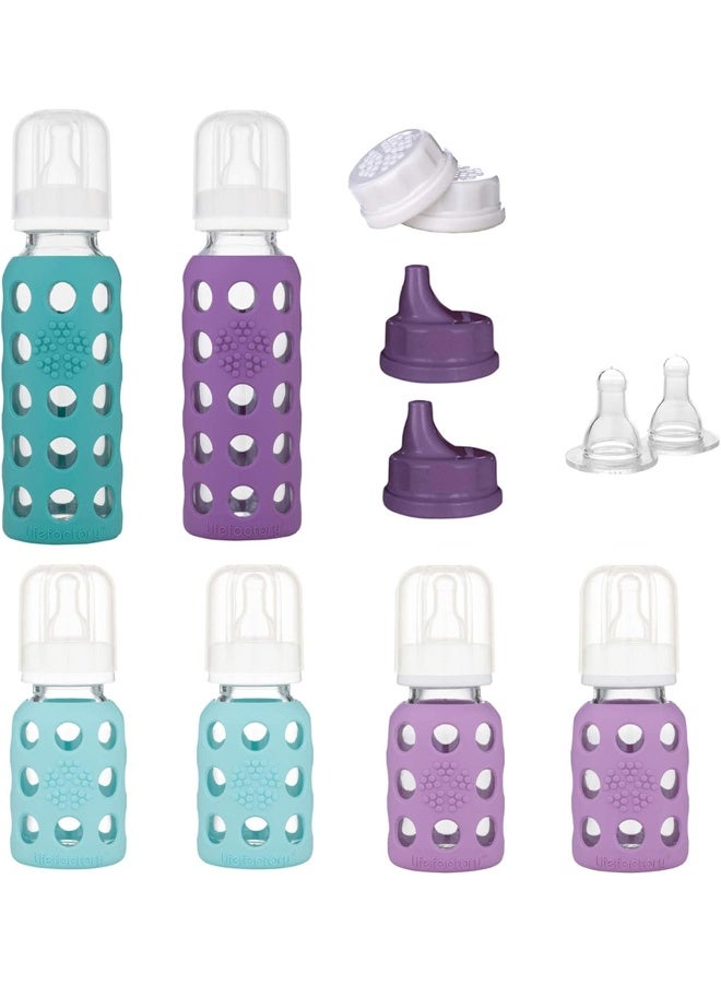 Lifefactory Baby 6 Bottle Starter Set in Mint/Lavender and in Kale/Grape Flat & Sippy Caps Stage 3 16 Oz 12 Piece Set - Image 1