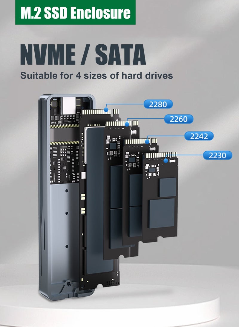 VKL External M.2 SSD enclosure, featuring a USB-C 3.2 interface, 10Gbps transfer speed, compatible with NVMe/PCIE/NGFF 2230/2242/2260/2280, supporting brands such as Intel, Western Digital, and Toshiba, and suitable for devices such as MacBook Pro, Air, and tablets. - Image 3