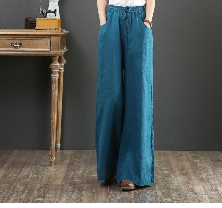 2022 Spring Summer Cotton Linen Womens Pants Denim Blue