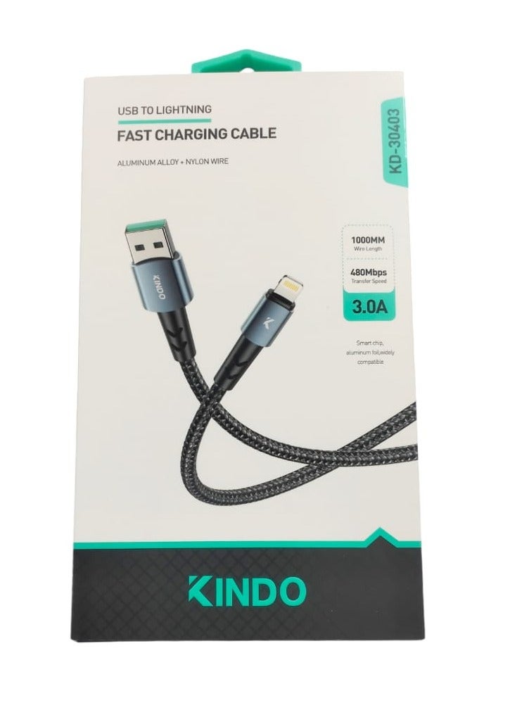 كيندو كابل USB إلى Lightning 3.0A سلك شحن سريع مجدول من النايلون. 1000 مللي متر-480 ميجابت في الثانية - Image 1
