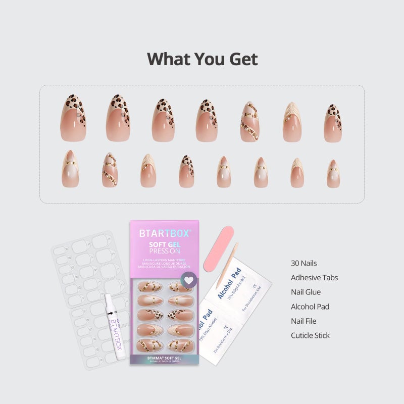 BTArtbox Press On Nails Almond - 3D Pearl Leopard Medium French Tip Press On Nails with Glue for Women, Opaque Soft Gel Glue On Nails in 16 Sizes - 32 Stick On Nails Kit, Cheeky Duo - Image 2