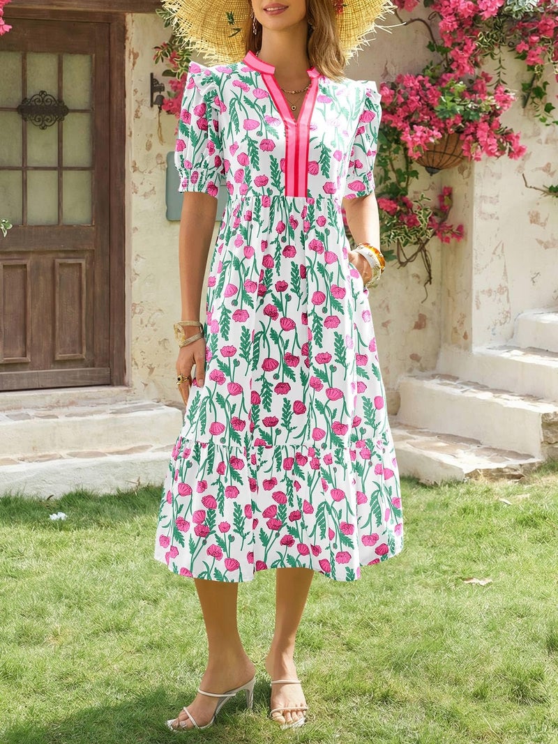 Wenrine Womens Summer Floral Midi Dress Casual Puff Short Sleeve V Neck Swing Flowy Boho Beach Dresses with Pockets White - Image 3