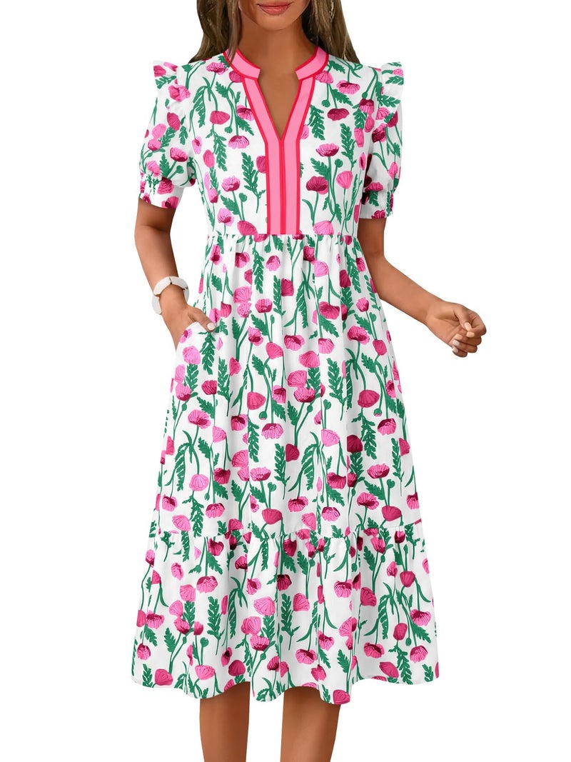 Wenrine Womens Summer Floral Midi Dress Casual Puff Short Sleeve V Neck Swing Flowy Boho Beach Dresses with Pockets White - Image 1