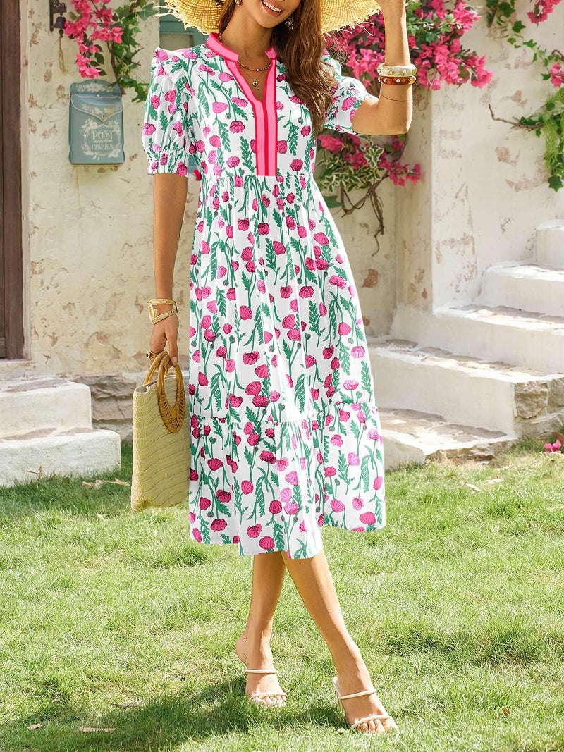Wenrine Womens Summer Floral Midi Dress Casual Puff Short Sleeve V Neck Swing Flowy Boho Beach Dresses with Pockets White - Image 5