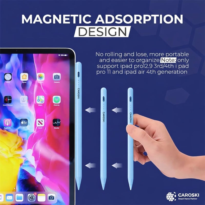 كاروسكي قلم ستايلس لجهاز iPad مع رفض راحة اليد ونقاط إضافية، قلم نشط دقيق متوافق مع iPad Pro Air Mini، تشغيل سريع، بطارية طويلة الأمد، تصميم مغناطيسي، قلم ستايلس مع كابل شحن USB-C (أزرق) - Image 2