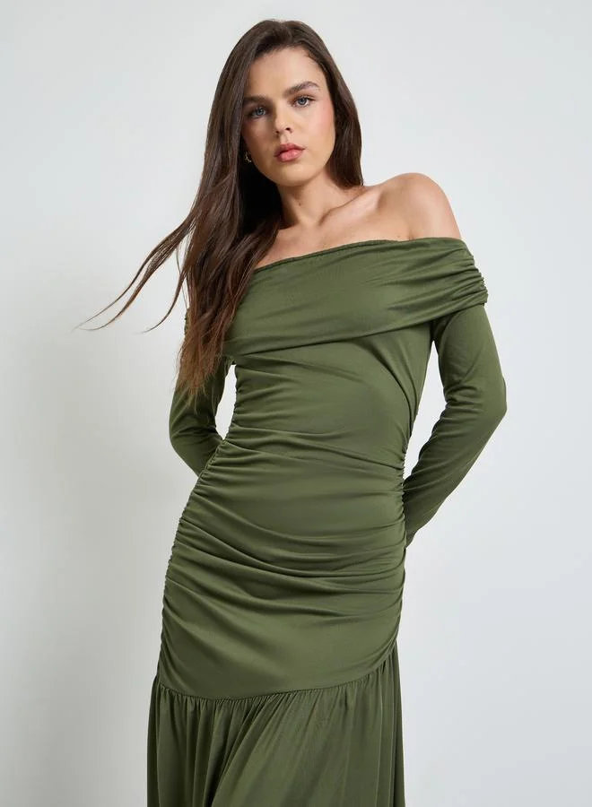 Take Two Green Off Shoulder Neck Ruched Maxi Dress