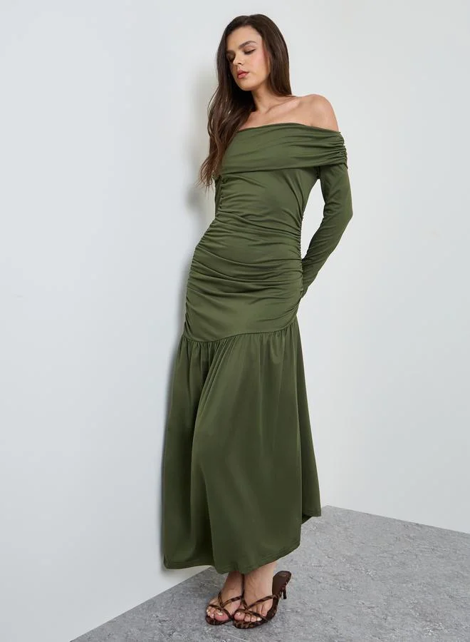 Take Two Green Off Shoulder Neck Ruched Maxi Dress