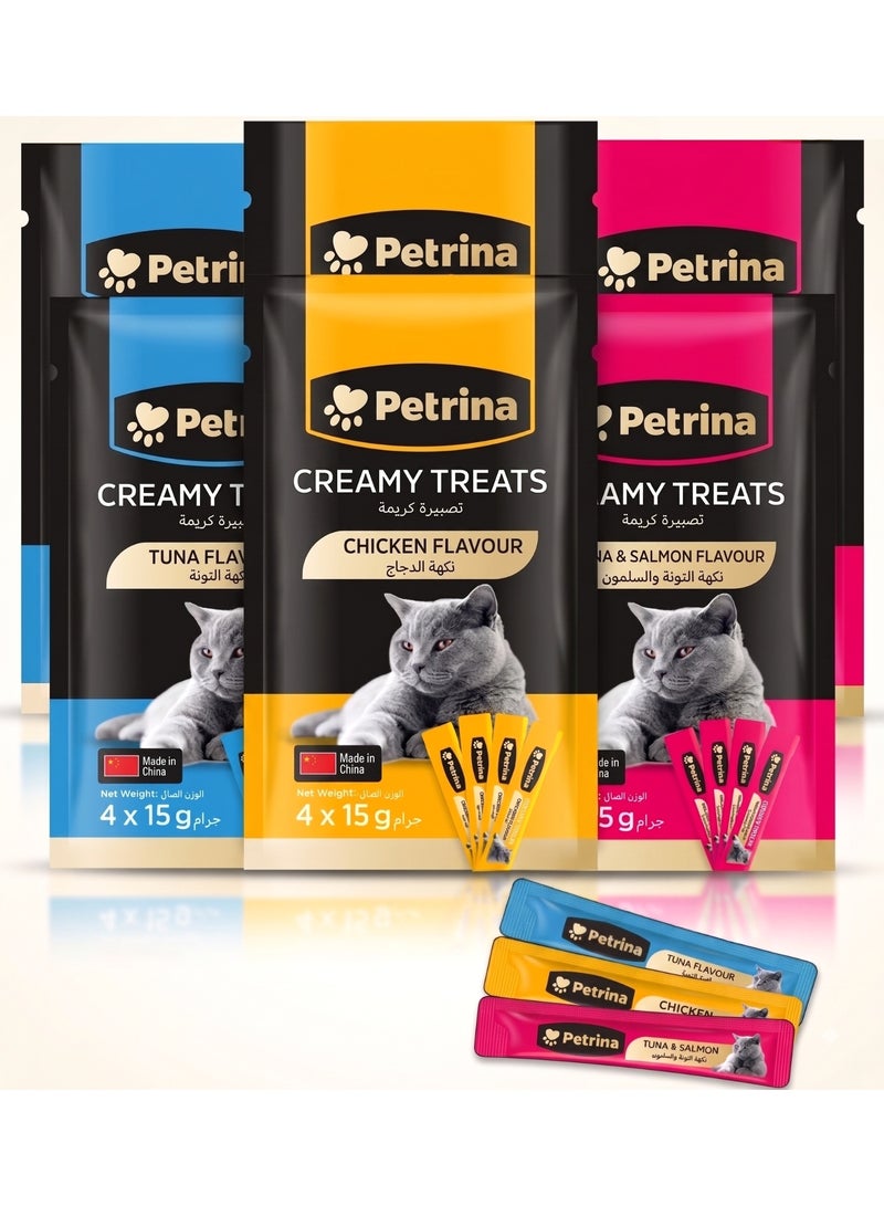 Petrina Creamy Cat Treats Mix Flavor Combo Pack – Tuna, Chicken, Tuna & Salmon Lickable Puree Squeeze Sticks (Pack of 6, 24 x 15g Tubes - Total 360g) | High Protein Real Meat & Fish Wet Food Topper & Reward Paste with Taurine & Vitamins for All Life Stages - Image 1