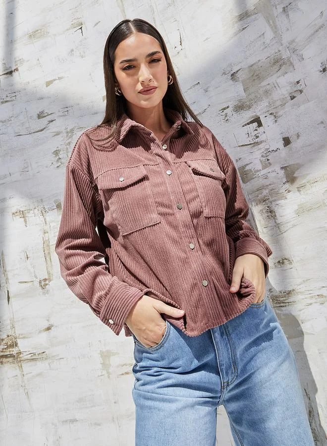 Styli Boxy Corduroy Jacket with Flap Pocket