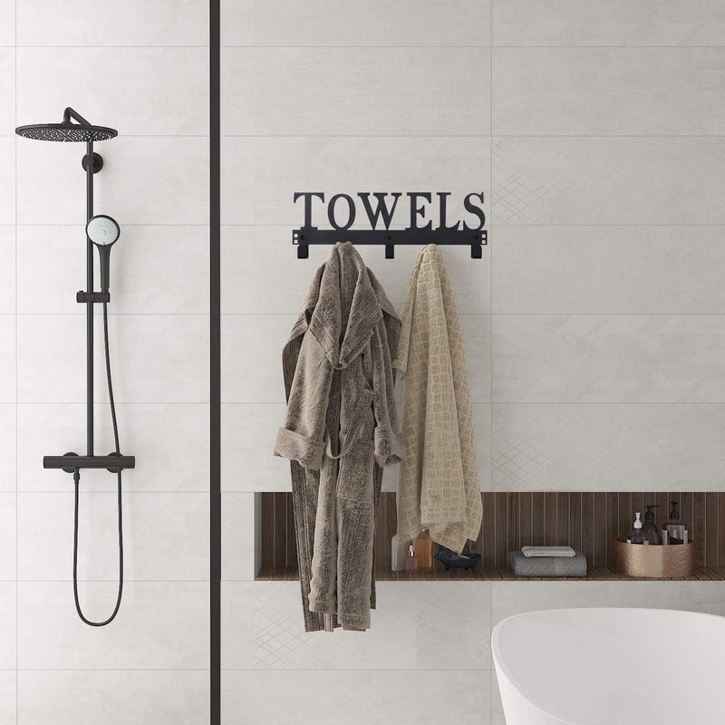 Kuhome Over The Door Hooks, Towel Holder for Bathroom, Door Mount Towel Rack Towel Hooks for Bedroom Beach Towels Bathrobe Wall Mount Hang on The Door Cabinet Cupboard Metal Sandblasted (Black) - Image 5