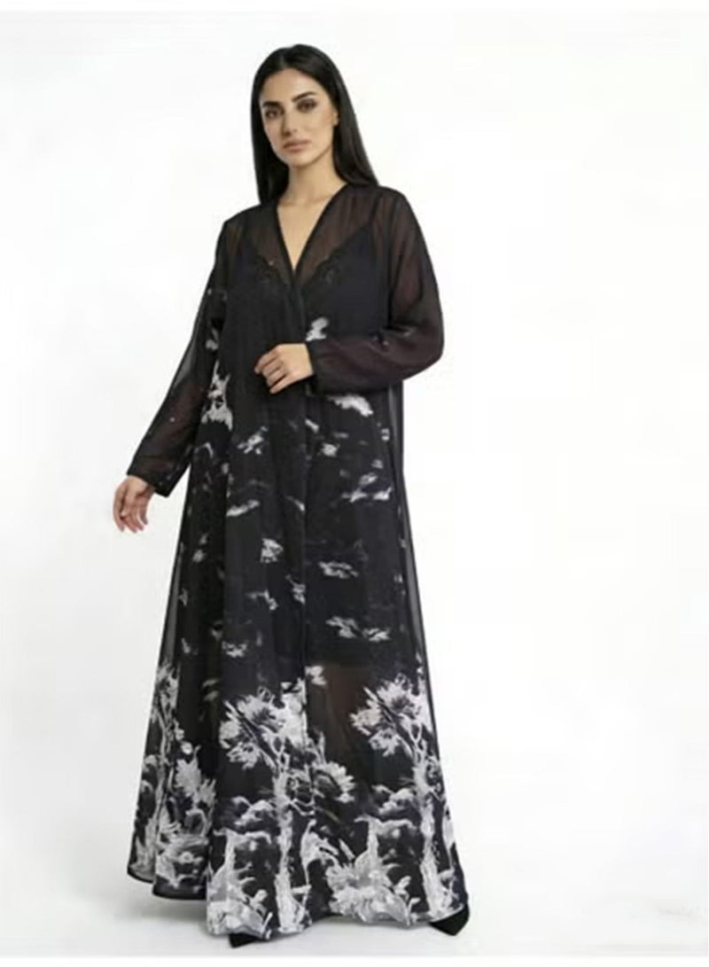 Women's Loose Abaya with Ink Wash Print and Headscarf - Image 3