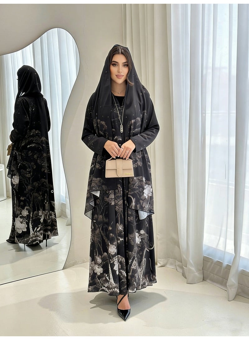 Women's Loose Abaya with Ink Wash Print and Headscarf - Image 1