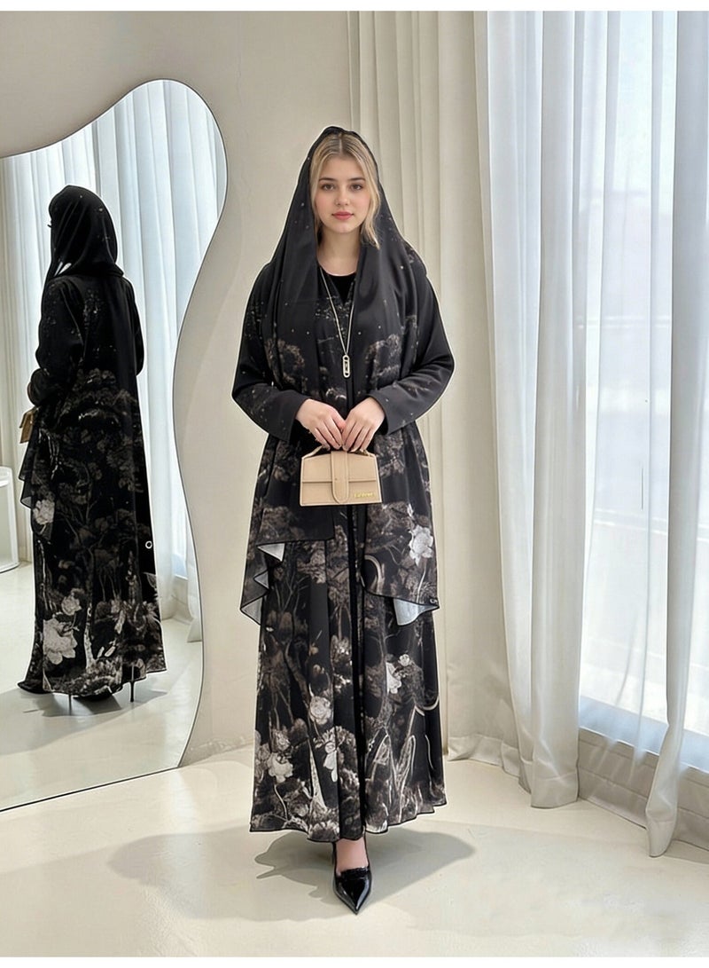 Women's Loose Abaya with Ink Wash Print and Headscarf - Image 2